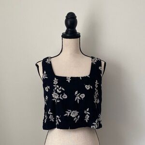 Abercrombie Floral Embroidered Black Crop Linen Top